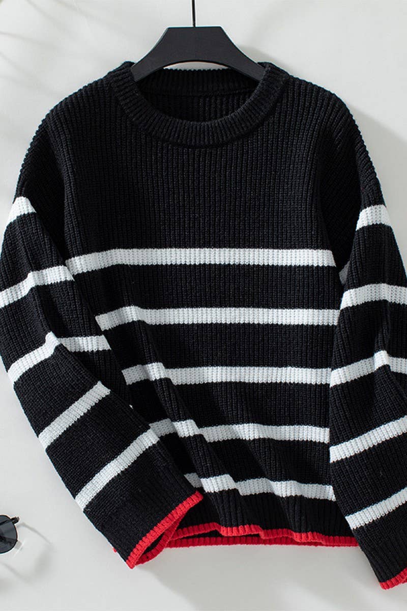 CWOSWL2804_CONTRAST STRIPE LONG SLEEVE PULLOVER KNIT SWEATER