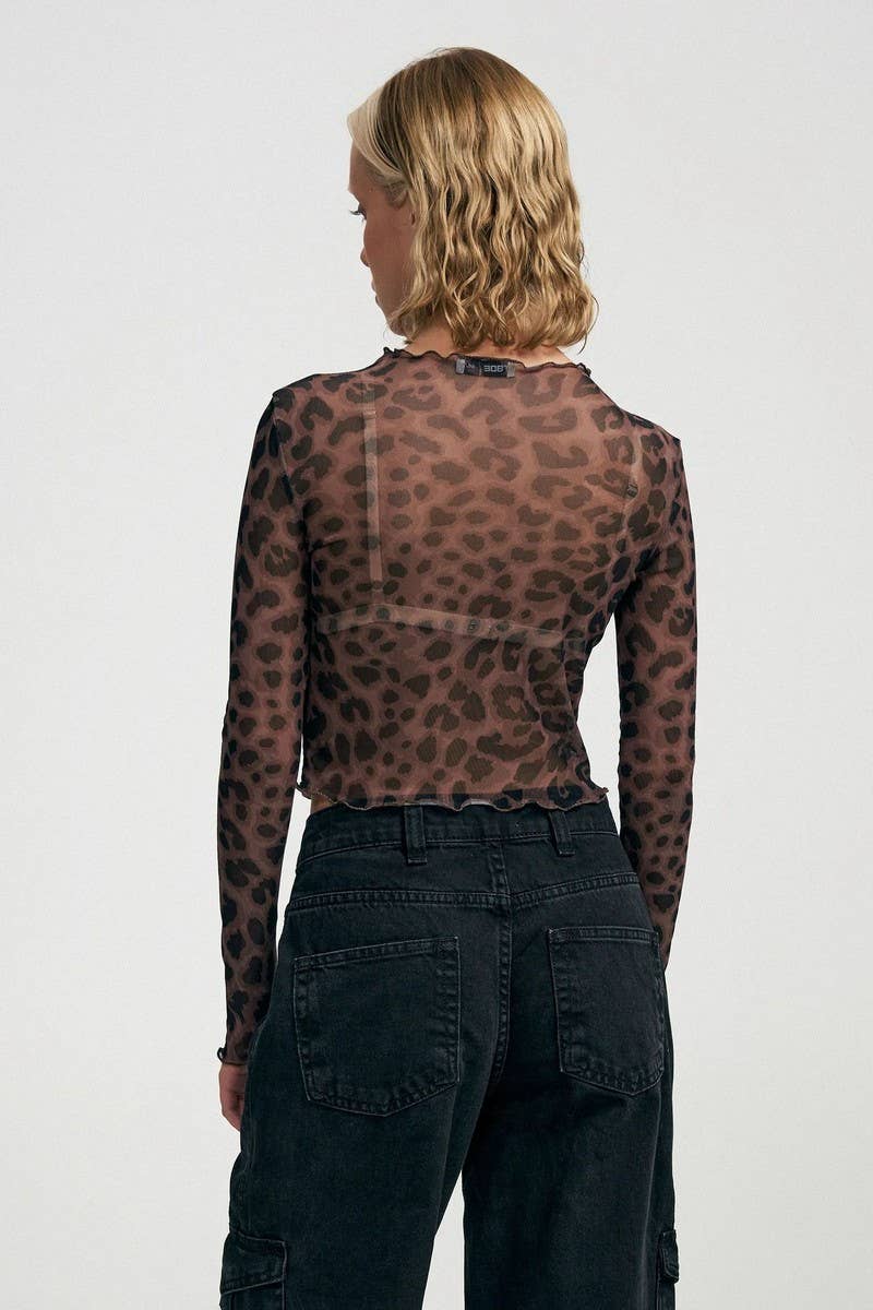 CWTBLL3948_SEXY LEOPARD MESH PRINT SLIM FIT TEE TOP