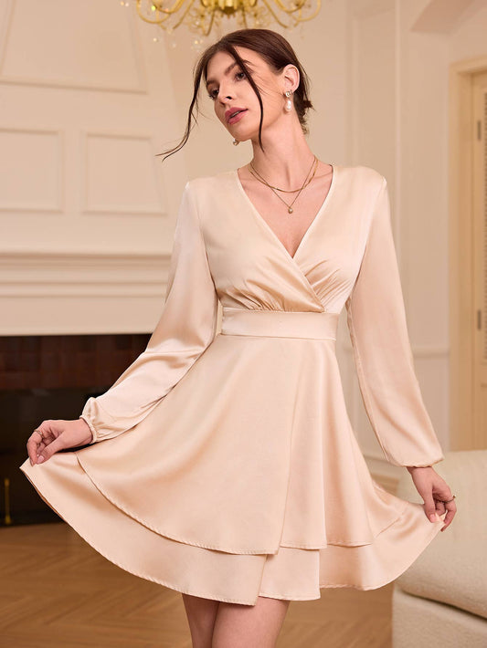 Elegant Satin V-Neck Dress with Puff Sleeves