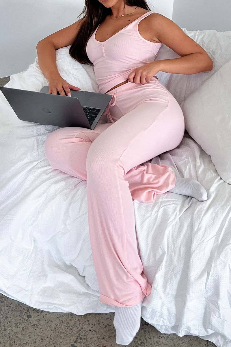 CWSTB2042_SLEEVELESS BUTTON-UP TOP & EXTENDED PANTS SET