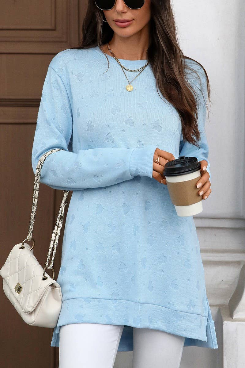 CWTBLL01288_ROUND NECK LONG SLEEVE SLIT SOLID COLOR TOP