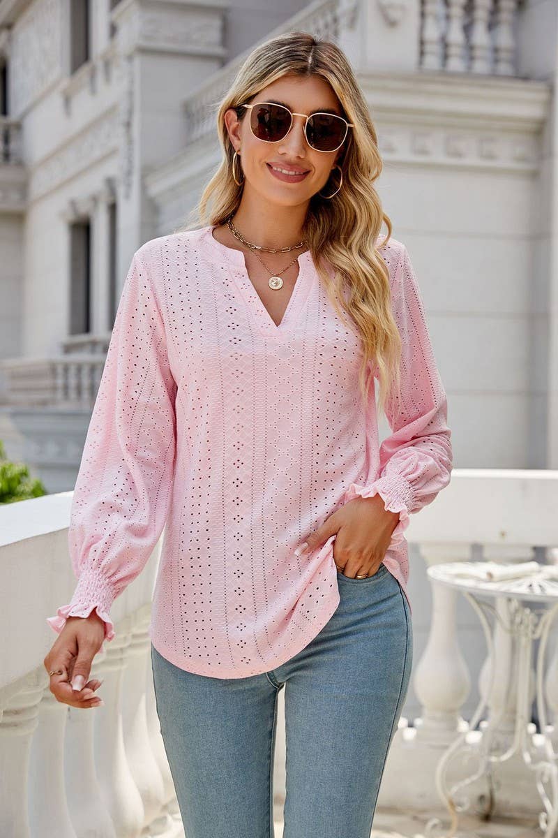 CWTBLL1848_V-NECK HOLLOW LOTUS LEAF SLEEVE LOOSE TOP