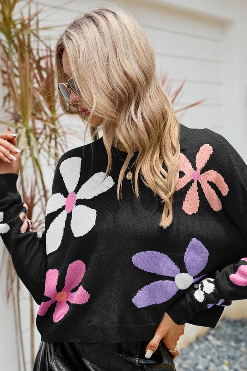 CWOSWL2666_ROUND NECK FLORAL PULLOVER LOOSE KNIT TOP