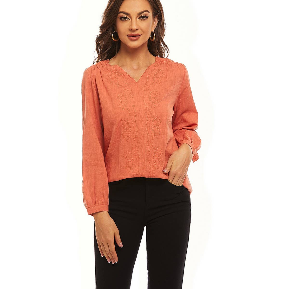 Cotton linen V-neck loose long-sleeved casual top