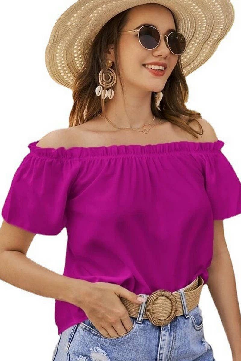 CWTBLS1493_SOLID COLOR OFF-SHOULDER RUFFLE SHIRT TOP