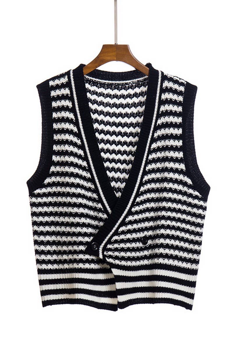 CWOV0488_STRIPED KNITTED CARDIGAN SWEATER VEST