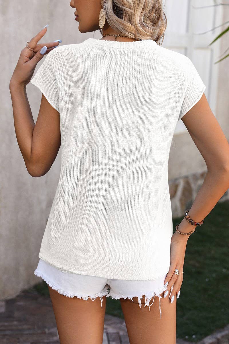 CWOSWS0107_ROUND NECK SOLID COLOR KNIT SHORT SLEEVE TOP