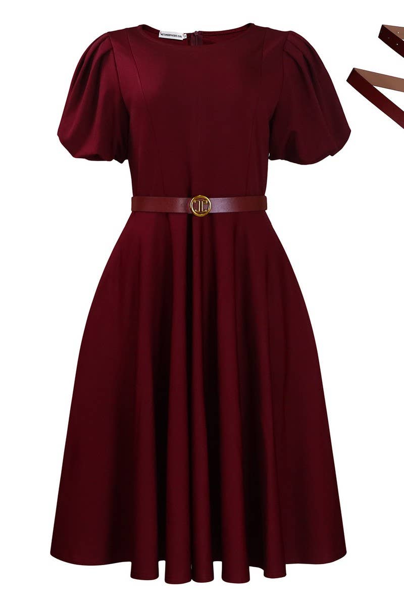 CWDMD01255_WOMEN PUFF SLEEVE ROUND NECK A LINE MIDI DRESS