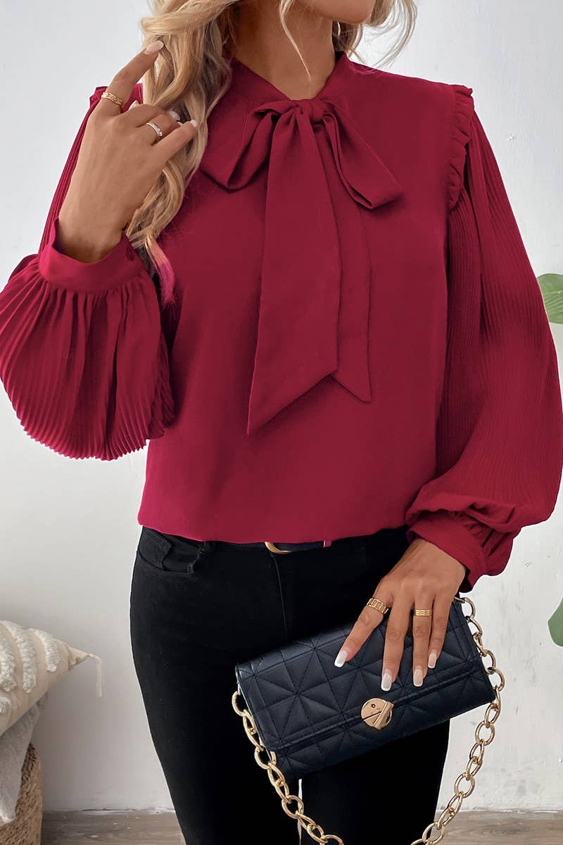 CWTBLL3701_TEMPERAMENT BOW TIE COLLAR LANTERN SLEEVE SHIRT