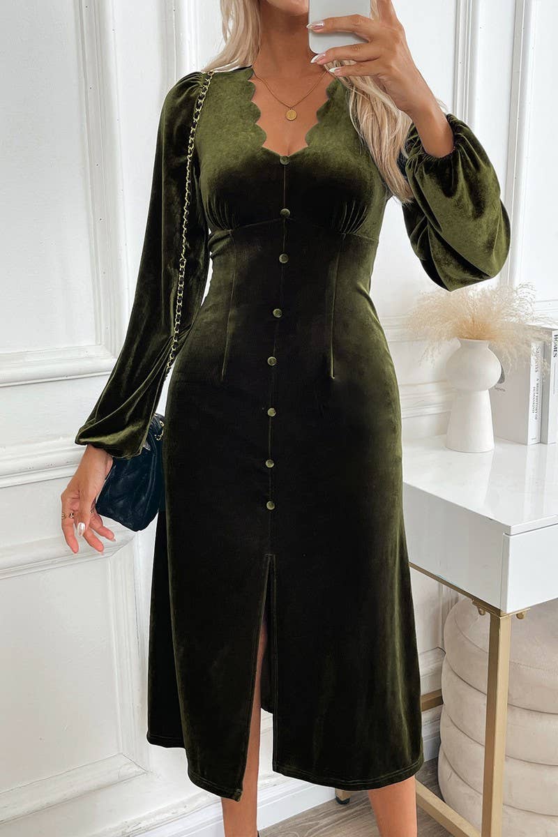 CWTBLL2051_ VELVET V NECK LACE NECK PARTY DRESS