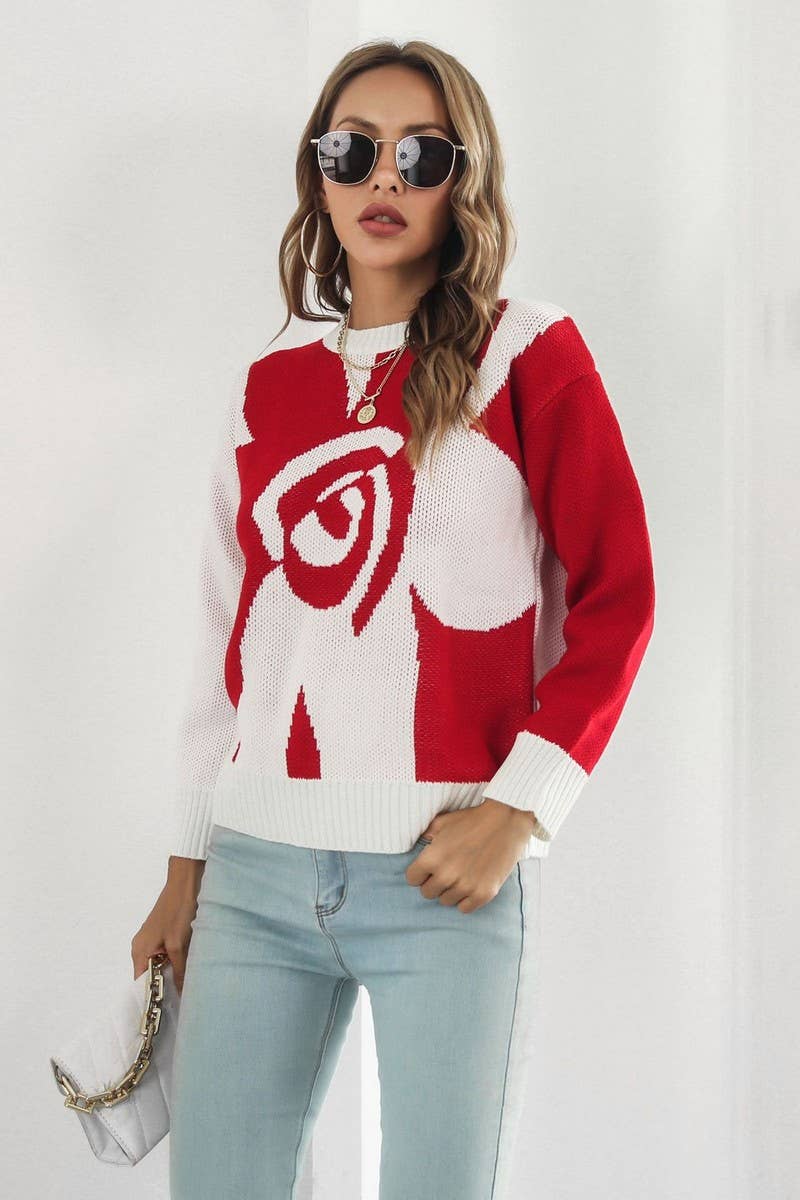 CWOSWL6863_CASUAL LOOSE FLORAL JACQUARD LONG SLEEVE SWEATER