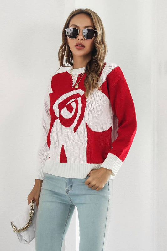 CWOSWL6863_CASUAL LOOSE FLORAL JACQUARD LONG SLEEVE SWEATER