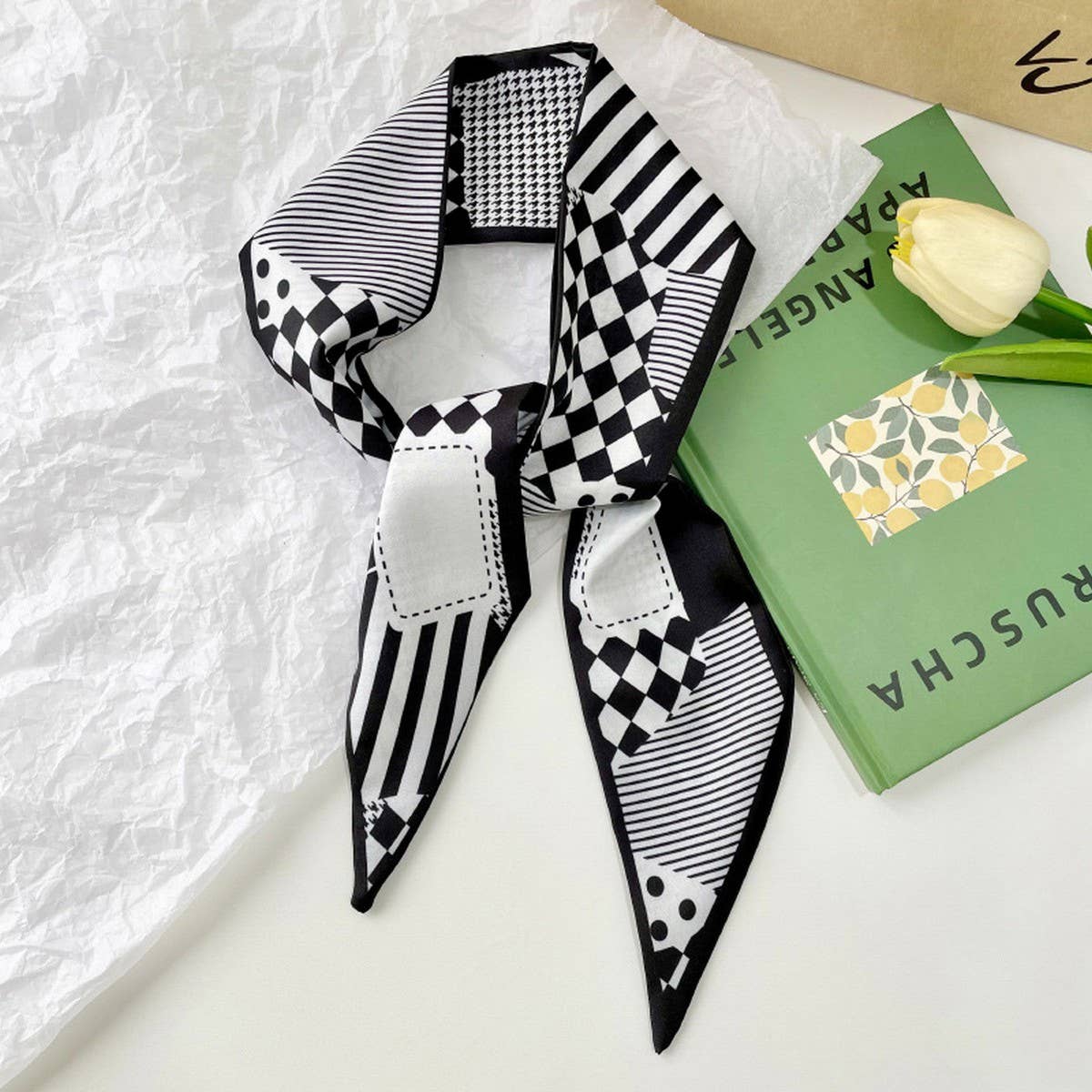 BLACK GEOMETRIC LACE NARROW RIBBON SCARF_CWASC0714
