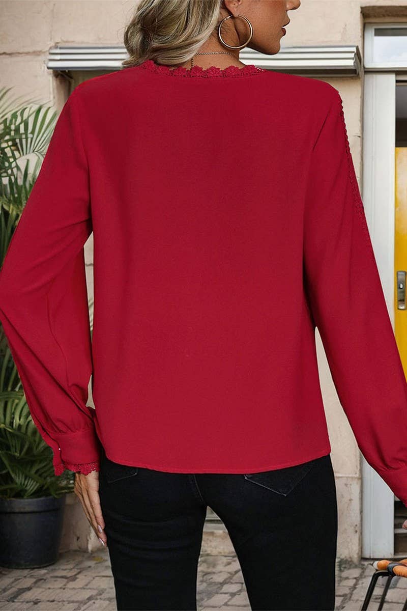 CWTBLL1222_V-NECK CASUAL LONG-SLEEVED RED SHIRT