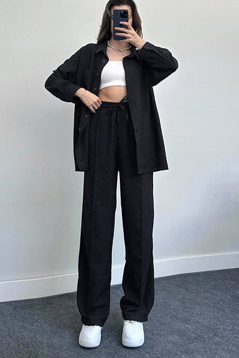 CWSS1061_WOMEN'S LOOSE LONG-SLEEVED SHIRT TWO-PIECE SUIT