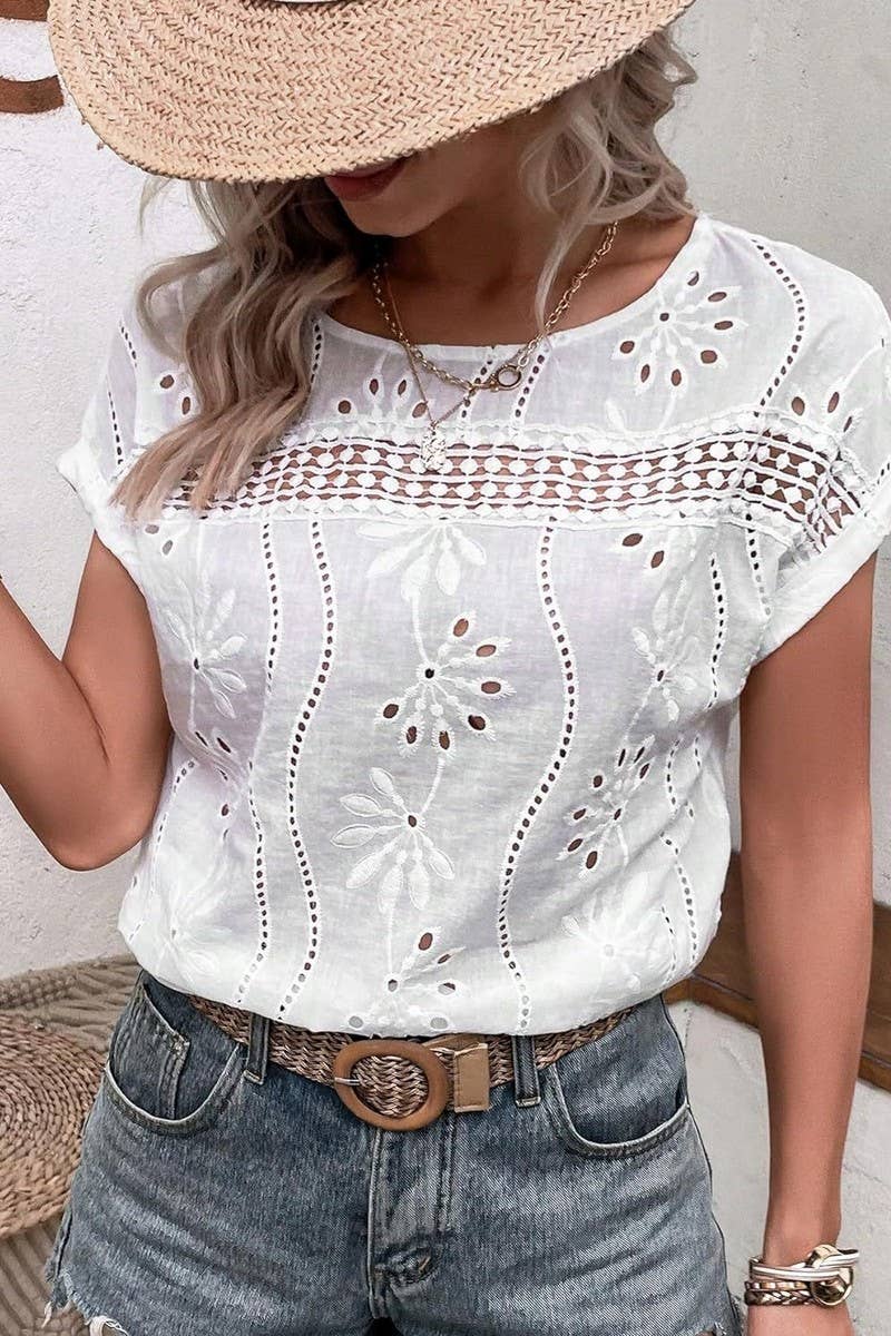 CWTBLS2273_LACE EMBROIDERED EYELET SHORT SLEEVE BLOUSE