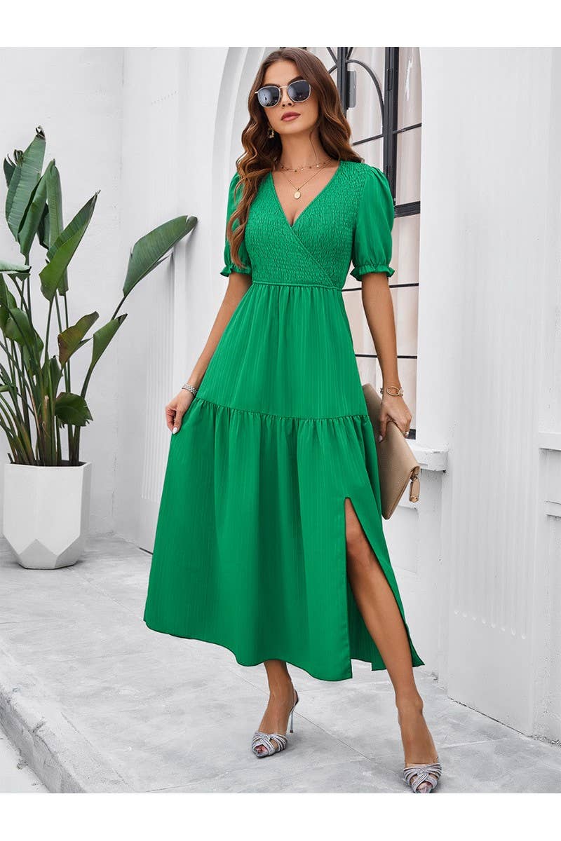 CWDMD2403_V-Neck Smocking Short Sleeve Split Midi Dress