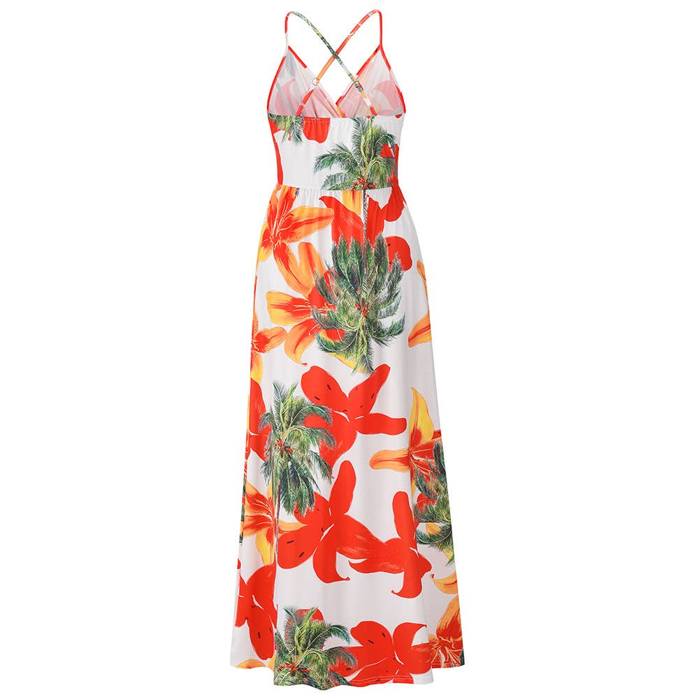Bohemian Floral Print Spaghetti Strap Long Dress
