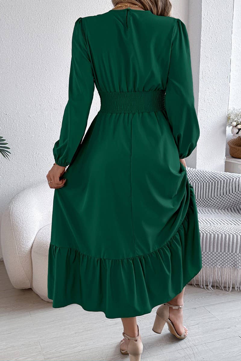 CWDMD6024_SOLID ELEGANT RUFFLE WAIST PLEATED MAXI DRESS