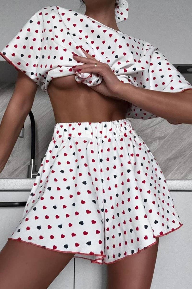 CWSPJ0381_KNITTED HEART PRINT PAJAMAS TWO-PIECE SET