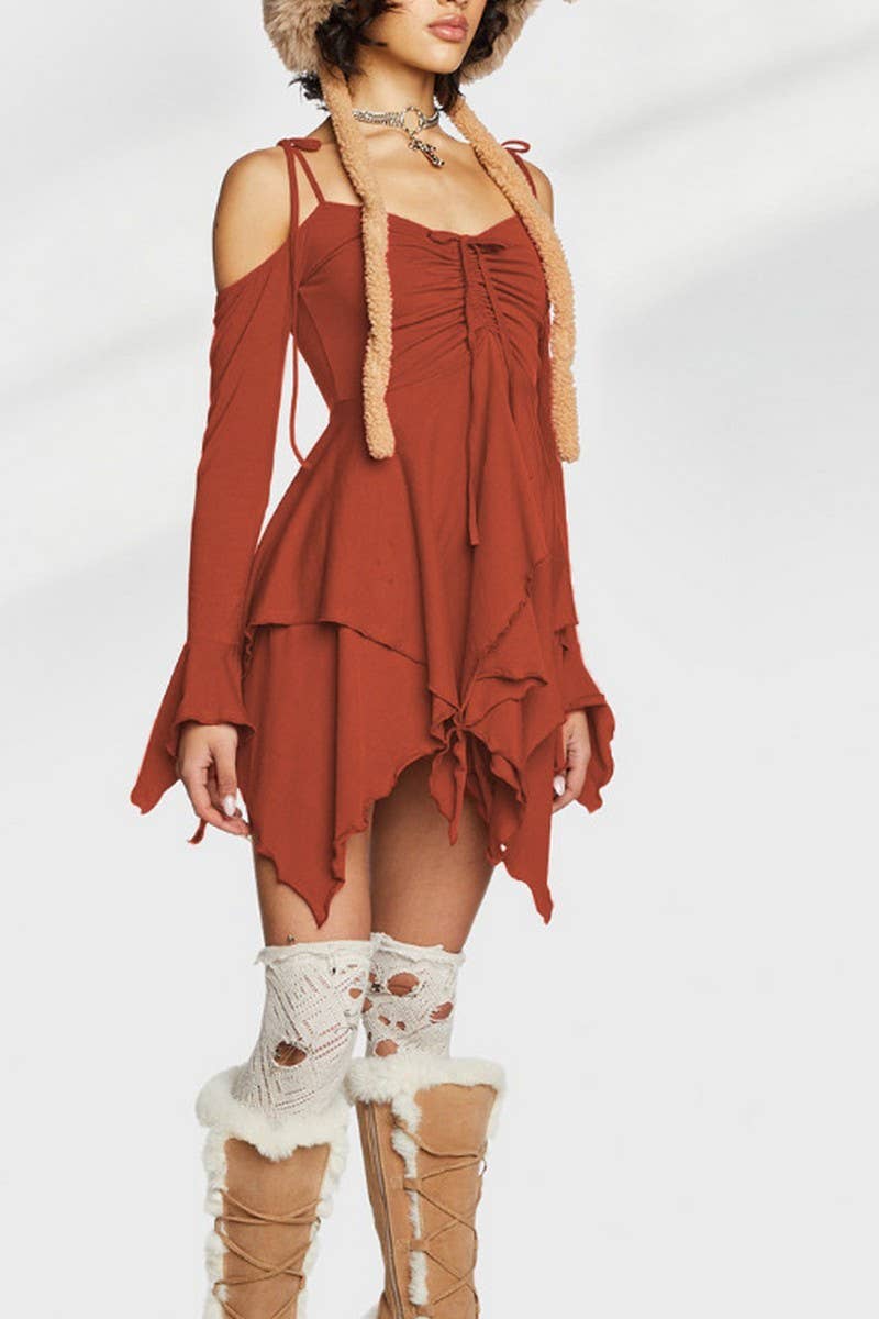 CWDSD7953_ELEGANT RUFFLED OFF-SHOULDER PATCHWORK MIDI DRESS