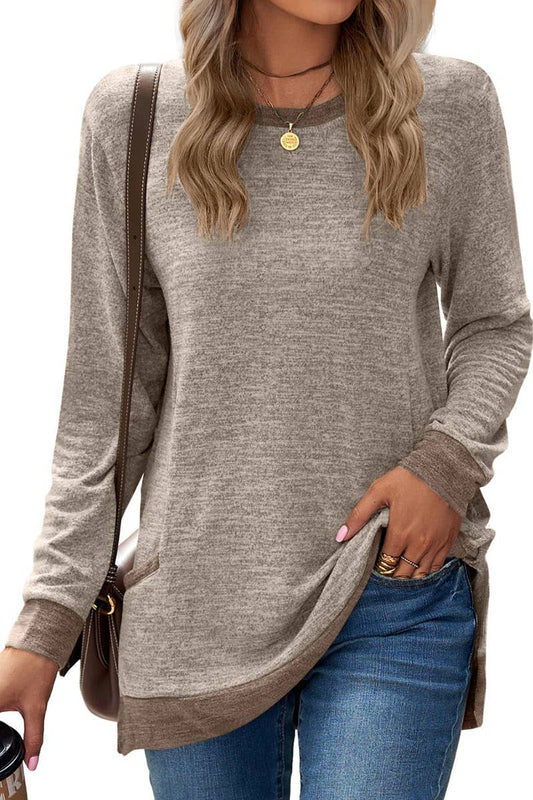 CWTBLL2689_CREW-NECK COLOR-MATCHING POCKET LONG-SLEEVED TOP