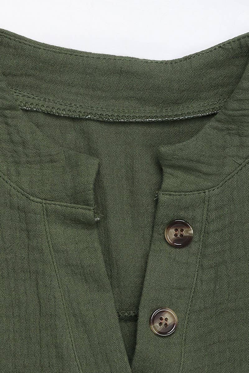 CWTBLL3708_BUTTON V-NECK SOLID COLOR CASUAL PULLOVER SHIRT