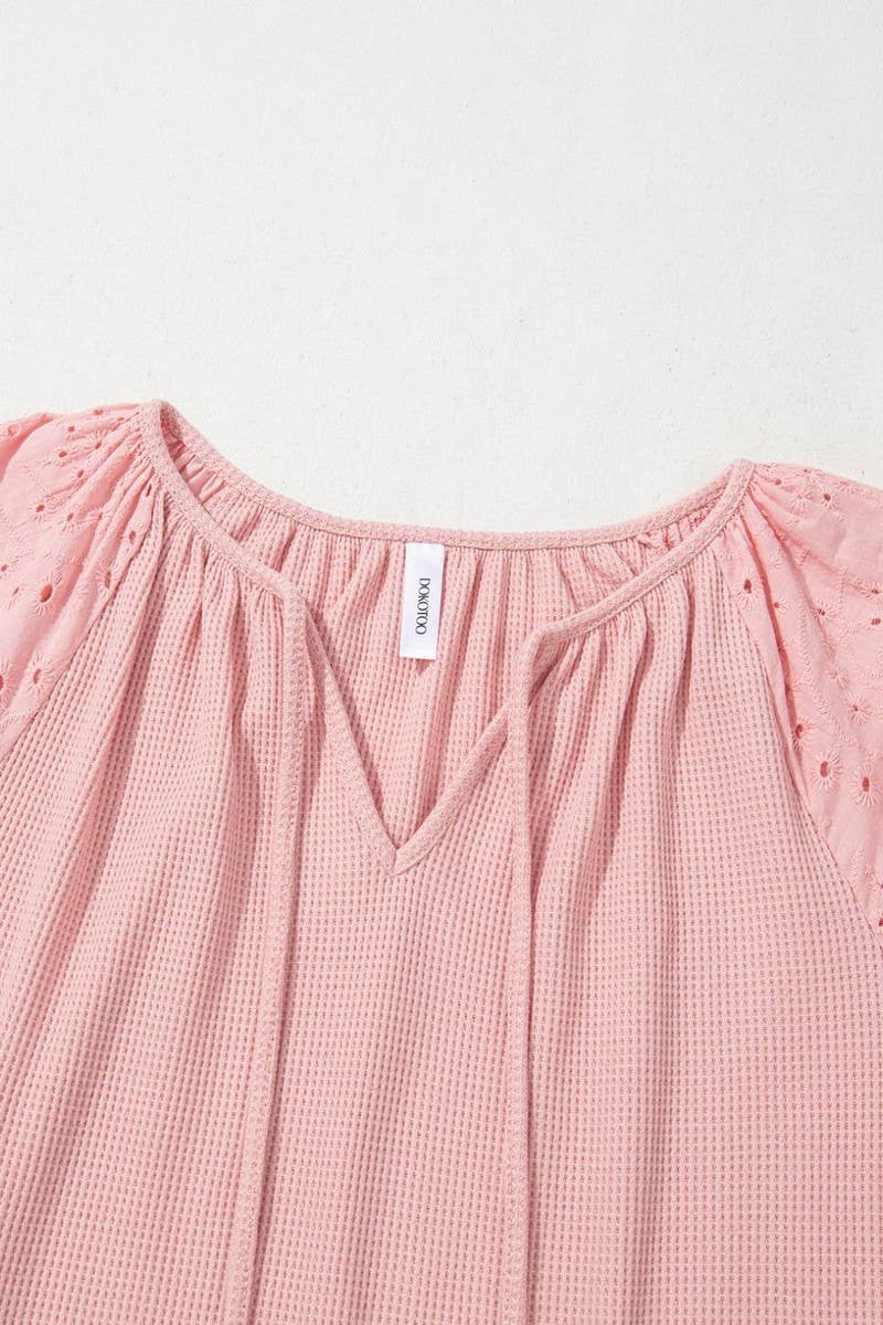 CWOHOS0021_SUMMER DRAWSTRING HOLLOW V-NECK SLEEVE T-SHIRT