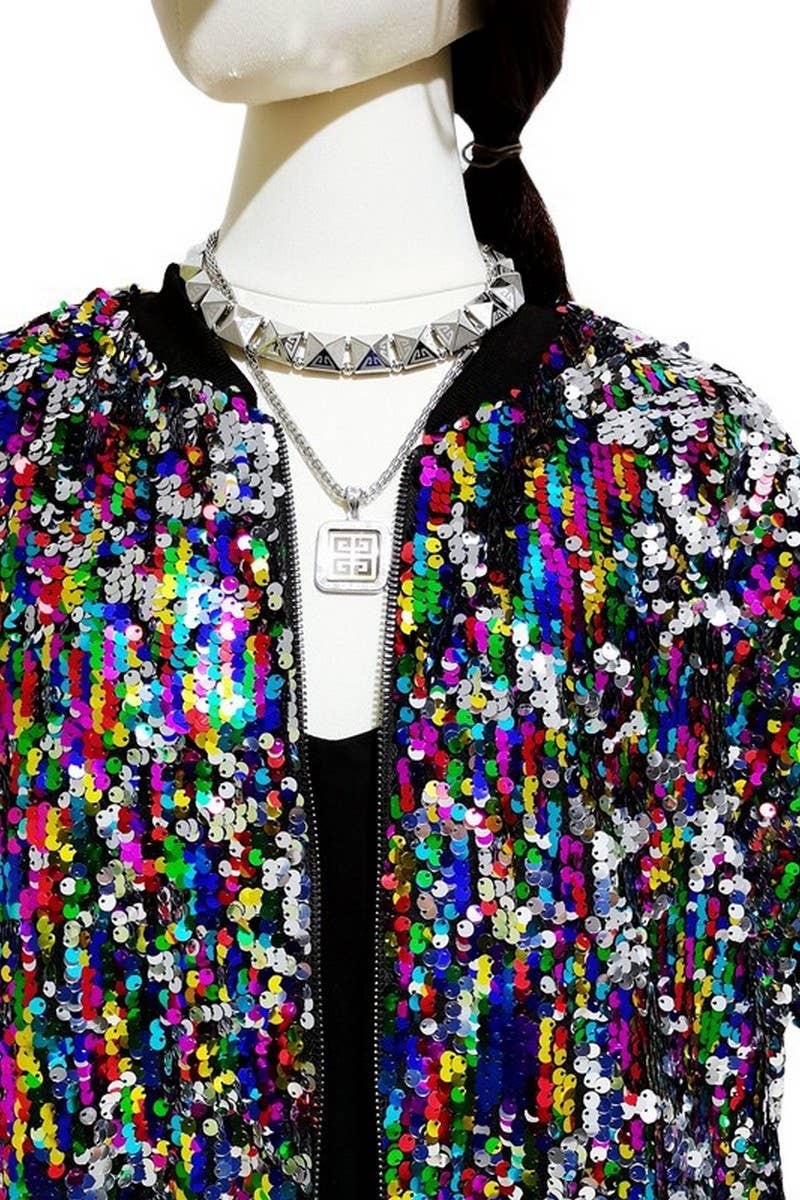 CWOCO1132_COLORFUL SEQUIN ZIPPER BASEBALL JACKET