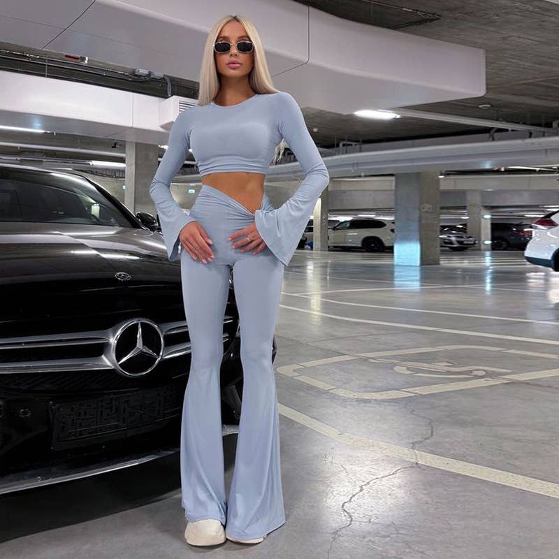 Bell Sleeve Crop Top & High Waist Flare Pants Set