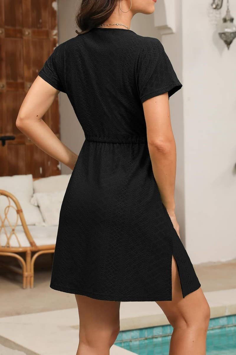 CWDSD8710_EYELET V-NECK CINCHED WAIST BEACH COVER UP DRESS