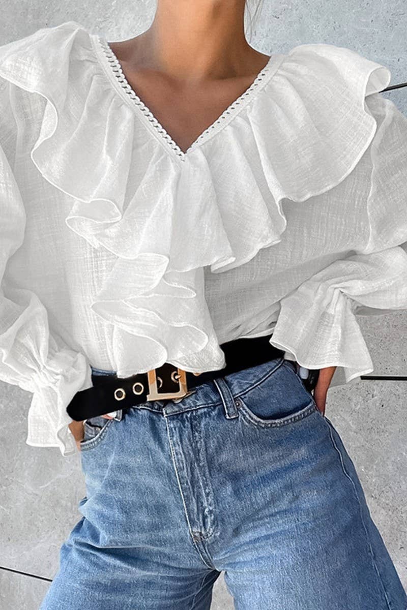 CWTBLL552_SOLID COLOR DROPPED SHOULDER SLEEVE LACE SHIRT