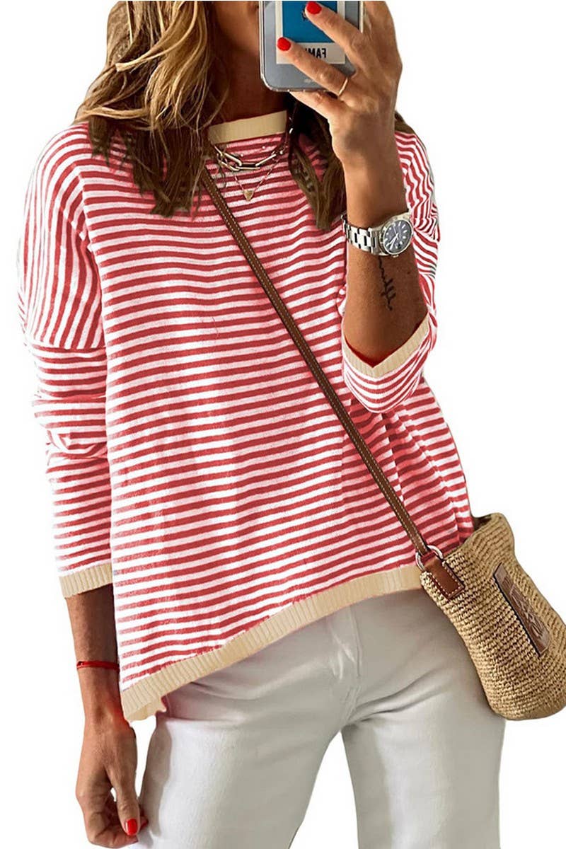 CWTBLL1486_CREW NECK STRIPED CONTRAST KNIT SWEATER