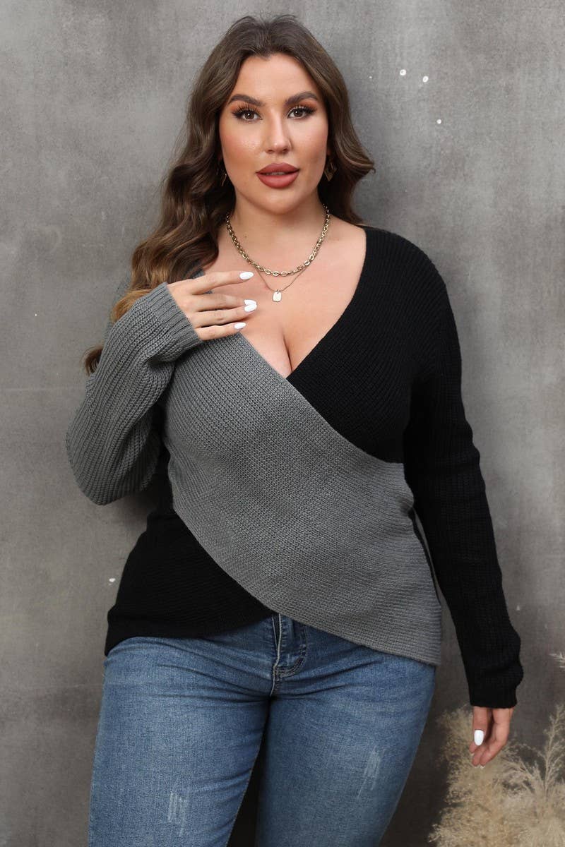 CWOSWL1569_PLUS Size V-Neck Long Sleeve Pullover Sweater