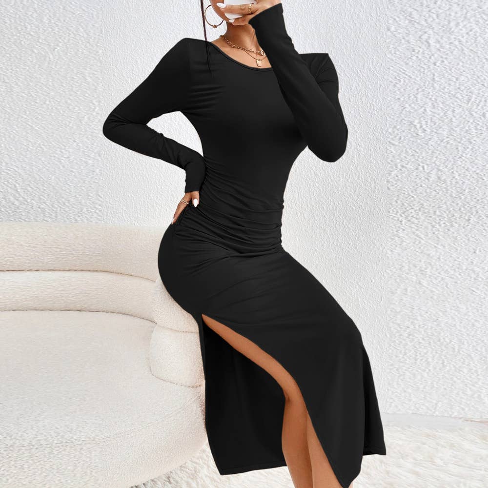 BACKLESS ROUND NECK DRESS WITH HIP WRAP