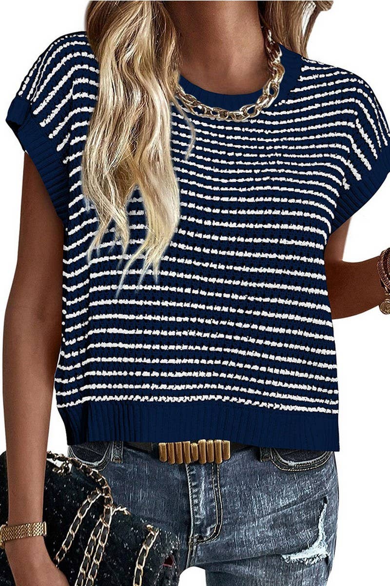 CWTTS1364_SUMMER CREW NECK CASUAL STRIPED KNITTED TOP