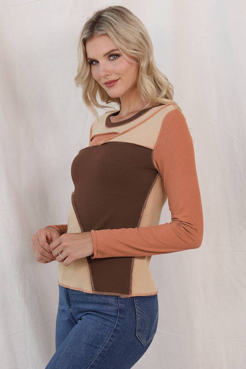 CWOSWL3005_KNIT CREW NECK LONG SLEEVE COLOR CONTRAST TOP
