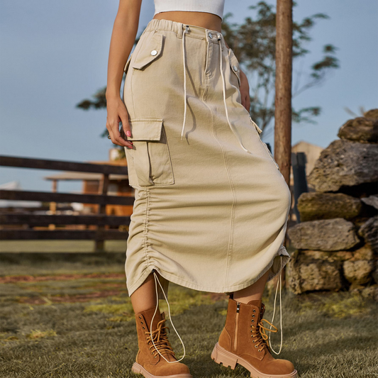 Women??¢s Cargo Midi Skirt Drawstring Elastic Waist_CWJSK0218