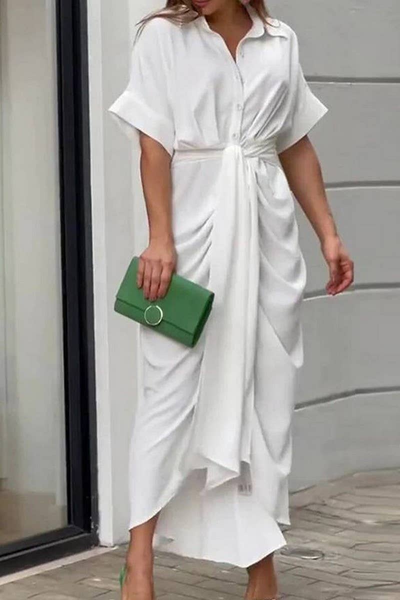 CWDMD4063_SHORT SLEEVE SINGLE BREASTED TIE SHIRT DRESS