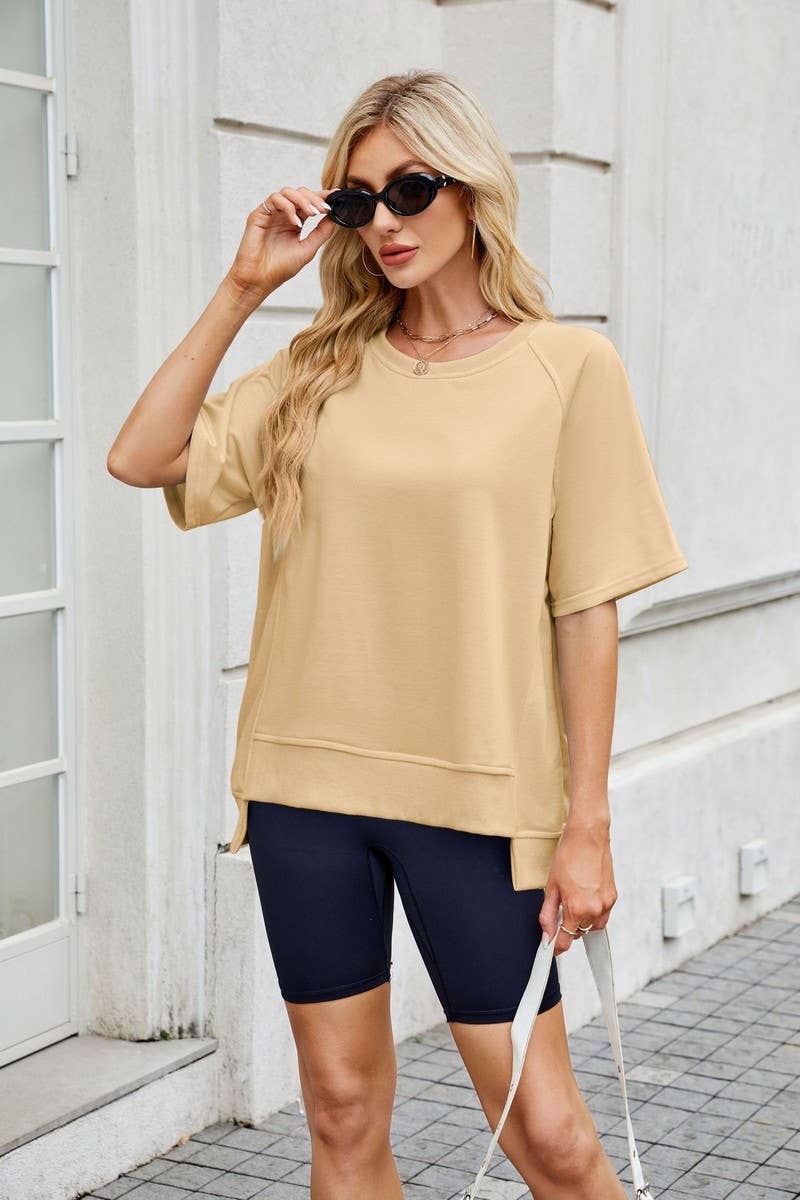CWTDSS0067_SOLID COLOR THREADED ROUND NECK LOOSE T-SHIRT