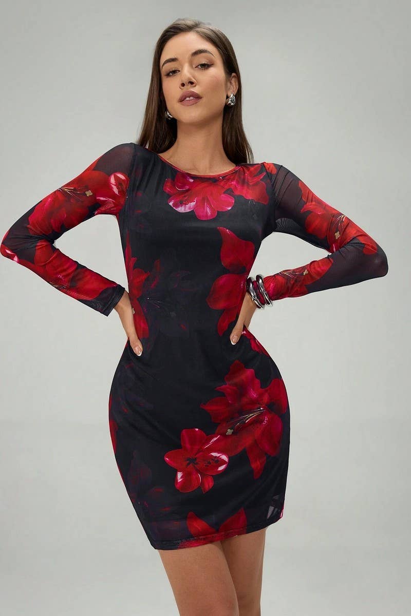 CWDSD8277_FLORAL PRINT MESH FITTED LONG SLEEVE DRESS