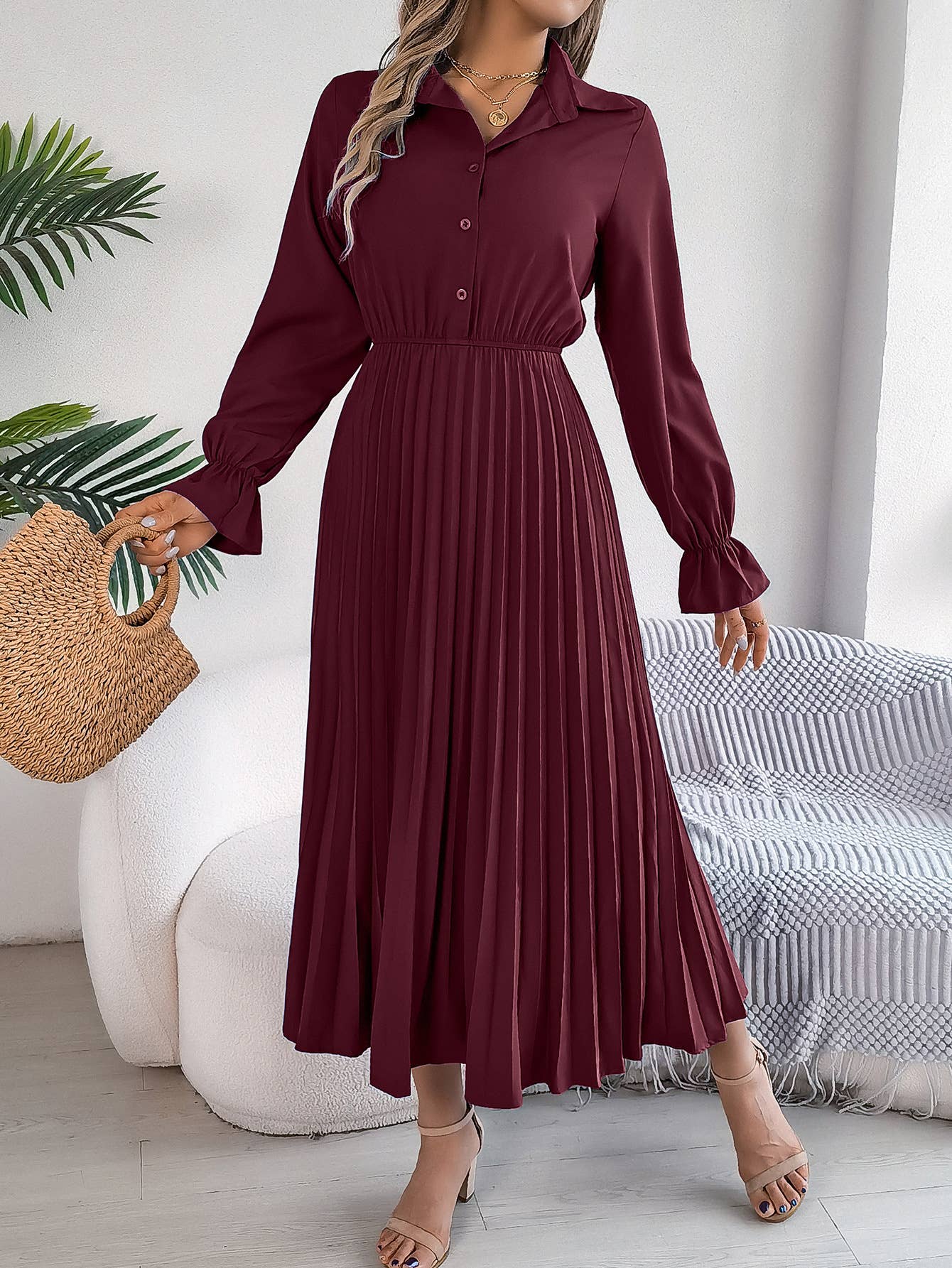 CASUAL LAPEL BUTTON WAIST PLEATED LONG DRESS