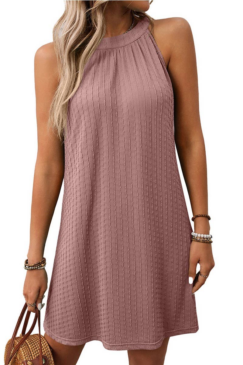 CWDHL0700_SOLID COLOR HALTERNECK SLEEVELESS DRESS