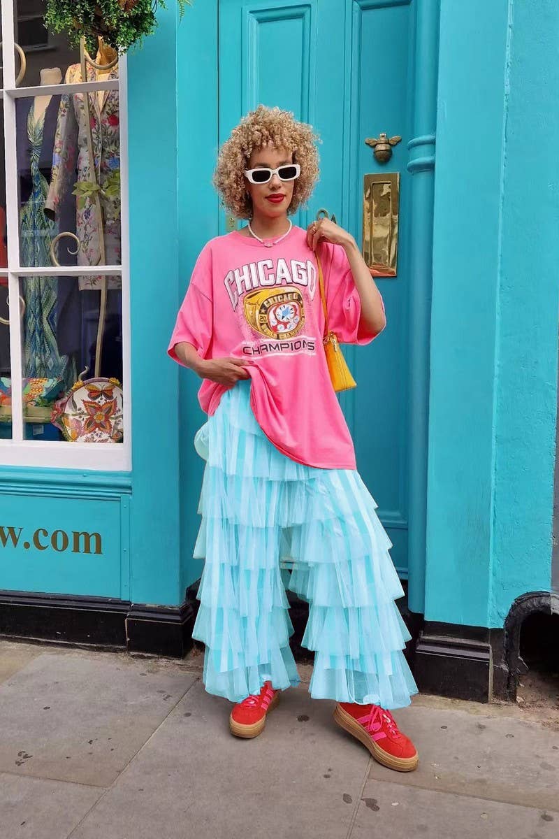 CWBLP2010_STRIPED TIERED MESH PATCHWORK WIDE LEG PANTS