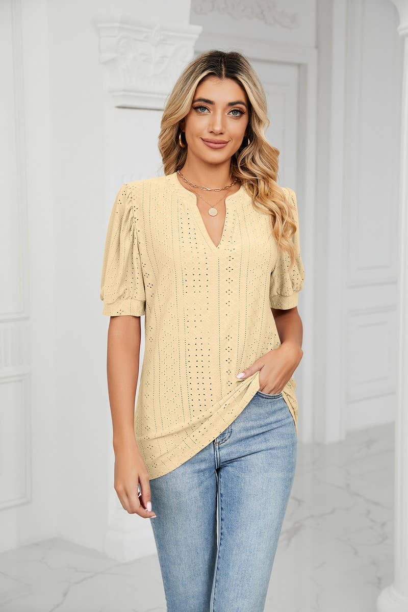 CWTSTS0358_V-Neck Short Sleeve Knit Top