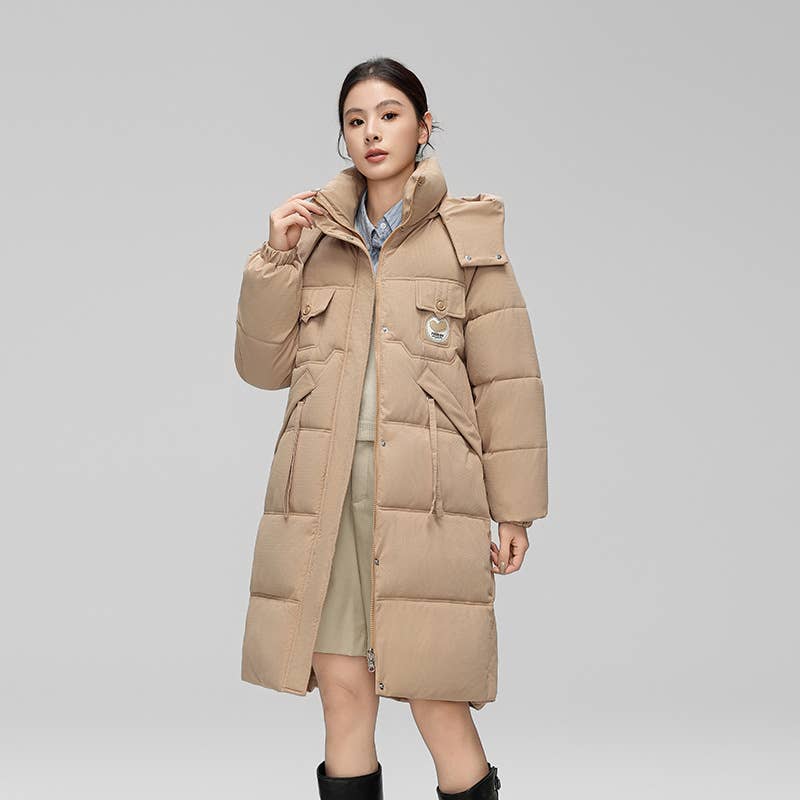 Fashionable knee-length thickened hooded jacket
