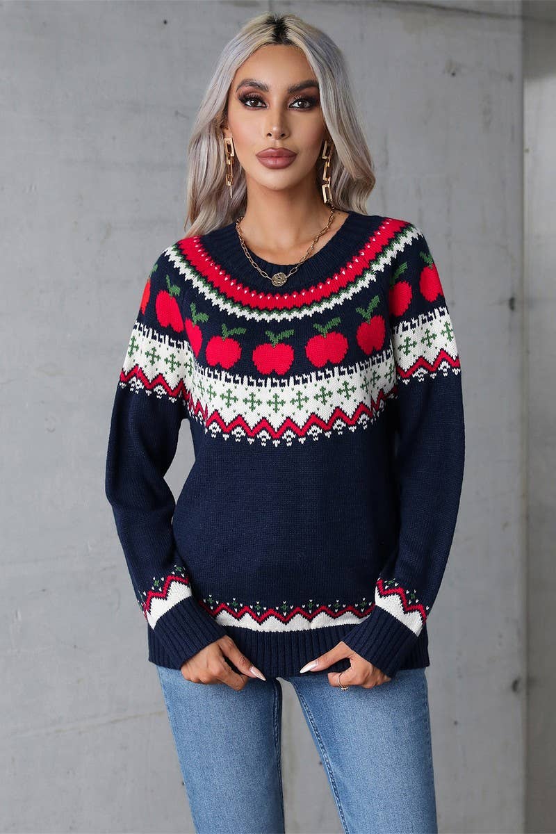 CWOSWL5759_JACQUARD CREW NECK CHRISTMAS KNITTED SWEATER