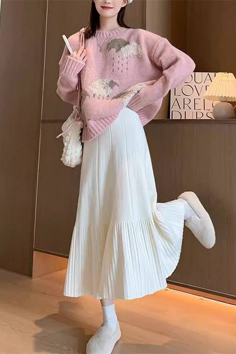 CWBLS0298_SOLID COLOR HIGH WAIST PLEATED KNITTED SKIRT