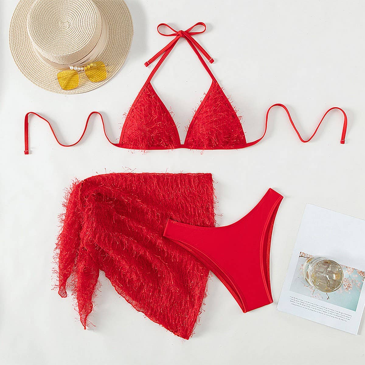Fleece Bikini Set - Solid Color Halter Swimsuit