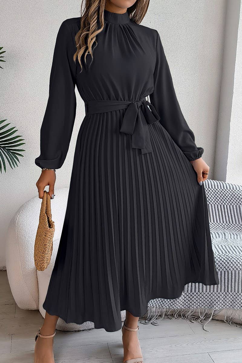 CWDMD3430_TIE STAND COLLAR PLEATED MAXI DRESS